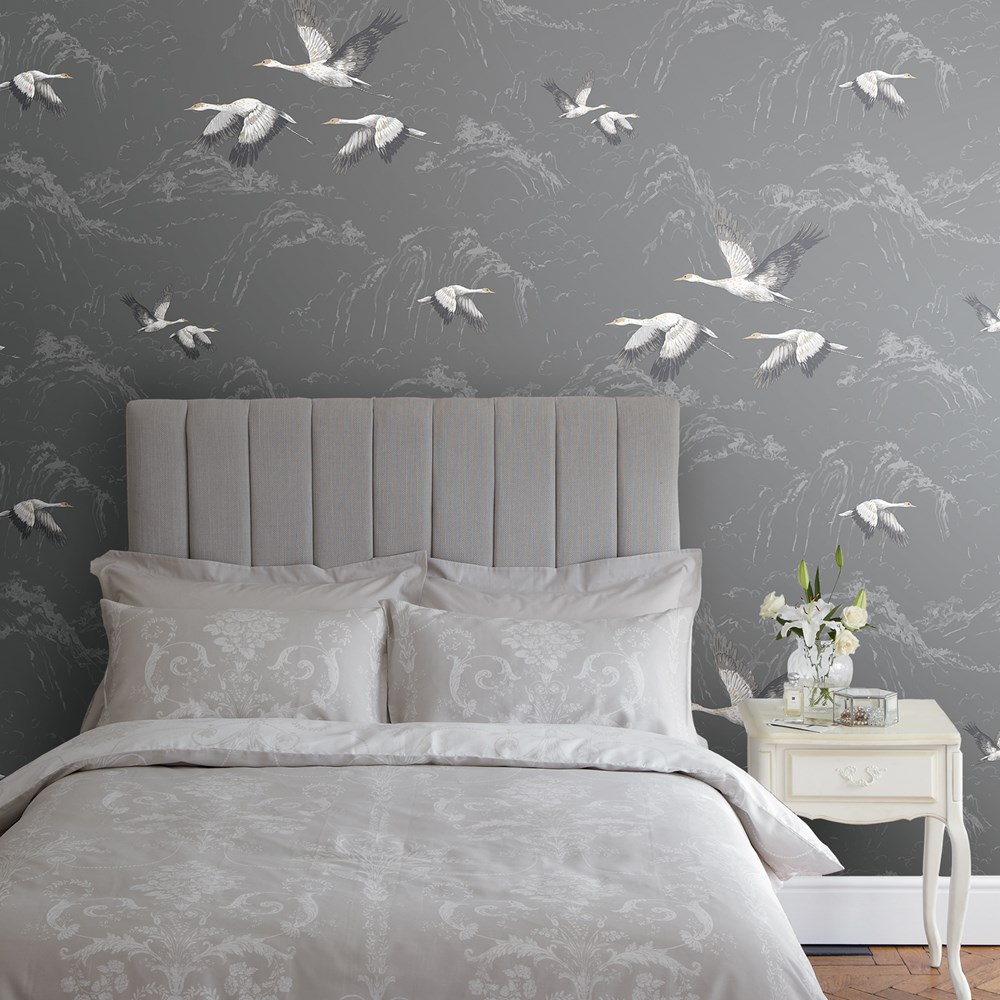 Animalia Bird Wallpaper 113393 by Laura Ashley in Dark Steel Grey